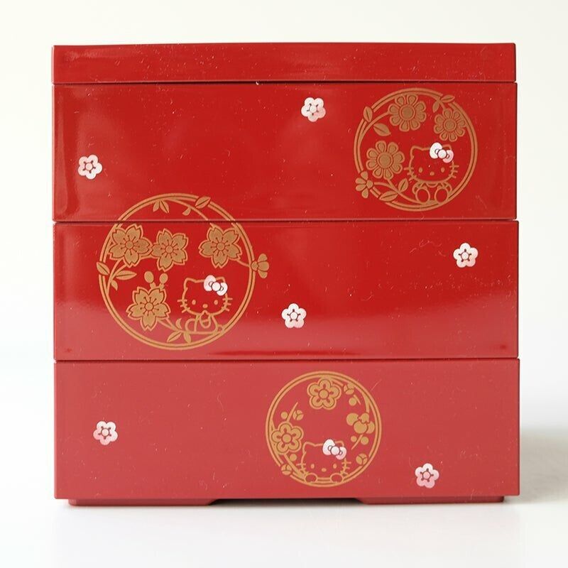 Hello Kitty Jubako Red Flower Lacquered 3stage Lunch Box Bento 15cm Japan LTD