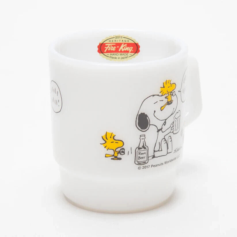 Fire-King Peanuts Woodstock Cheers Stacking Mug Cup Milk White Glass 215ml Japan