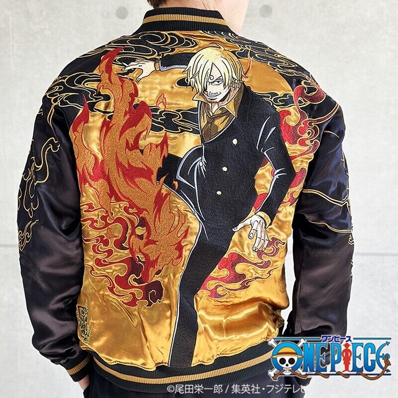 ONE PIECE Sanji Stain Jacket Embroidery Sukajan Reversible L Size Gold Black