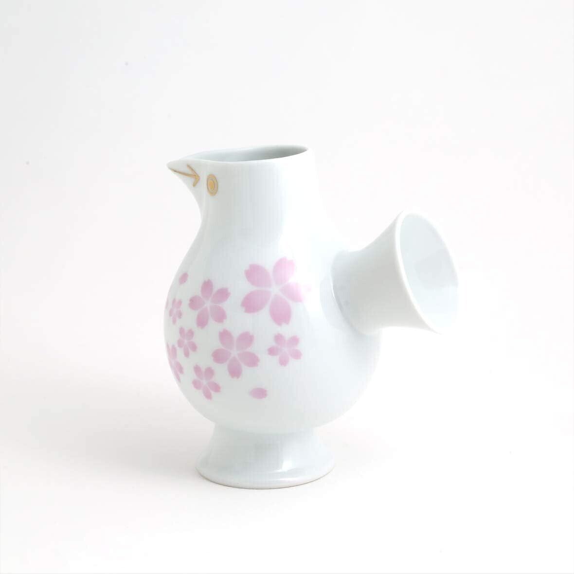 Lisa Larson Bird Sake Tokkuri & Choko Vessel Bottle Cup Ceramic Sakura Flower