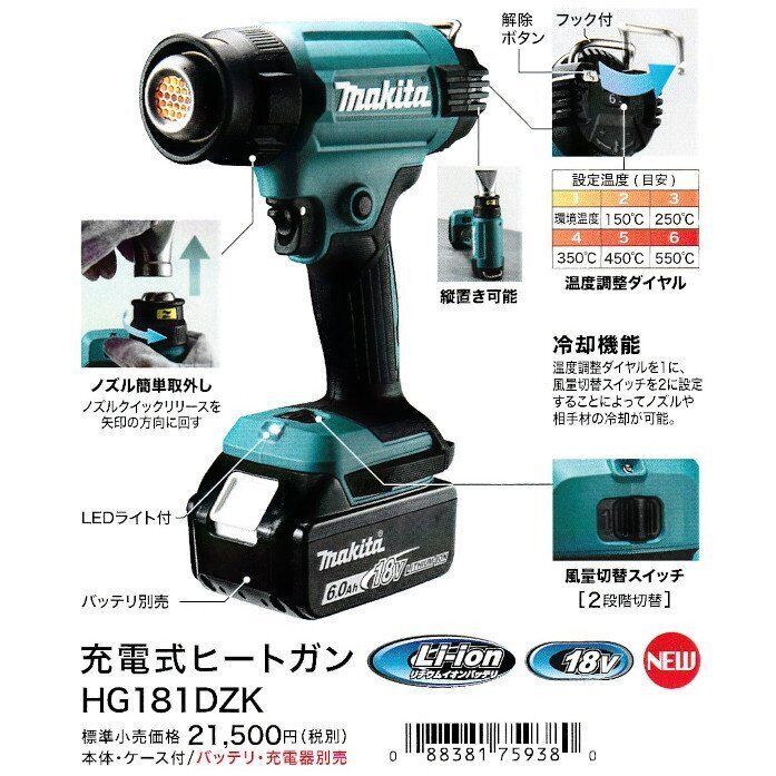 HG181DZK 18V Heat Gun Makita Rechargeable Tool Only ( No Battery ) w/ Case