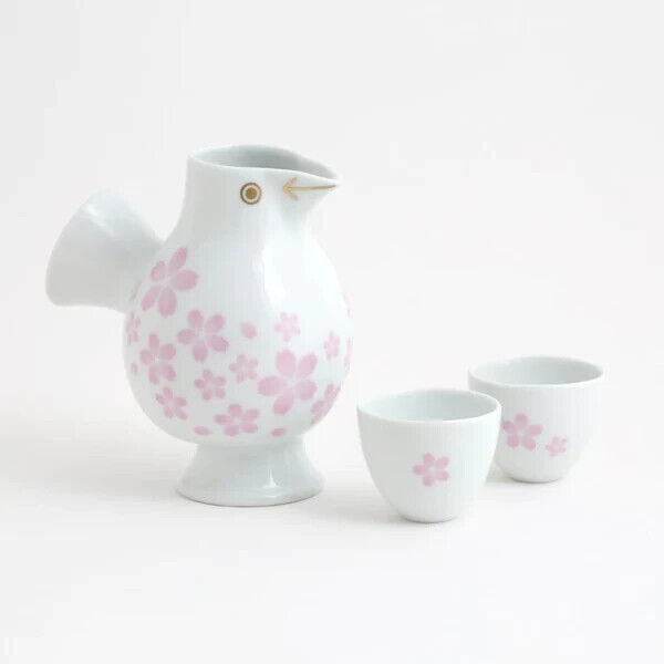 Lisa Larson Bird Sake Tokkuri & Choko Vessel Bottle Cup Ceramic Sakura Flower