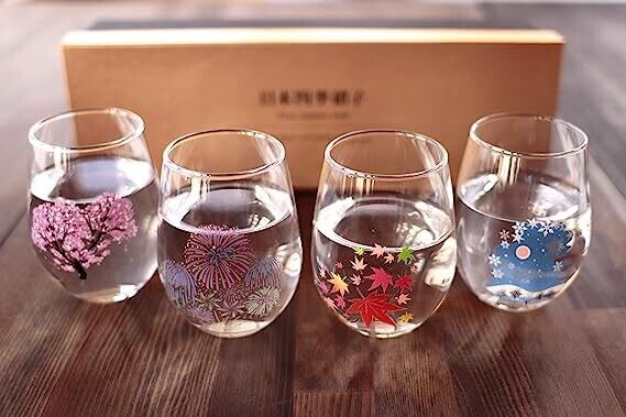 Sakura Hanabi Momiji Snow Glass cup Four seasons Japan Set of 4 ( Made In Japan